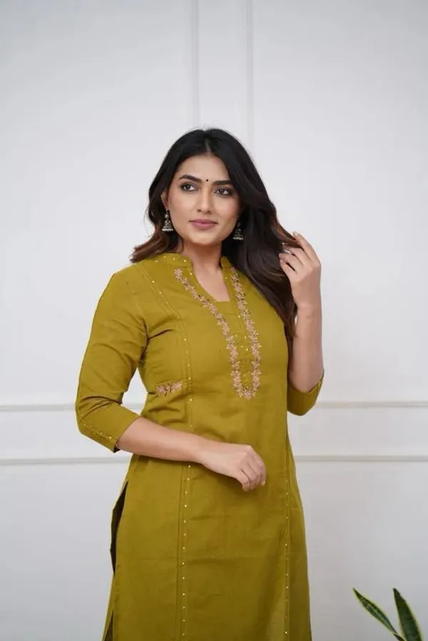Olive_Green_Cotton_V-Neck_Embroidered_Co-Ord_Set_For_Women