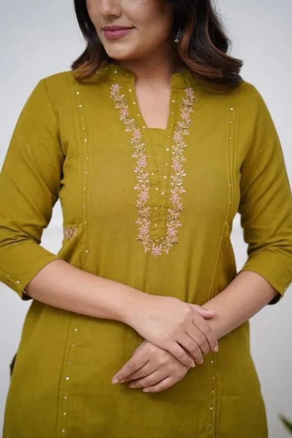 Olive_Green_Cotton_V-Neck_Embroidered_Co-Ord_Set_For_Women