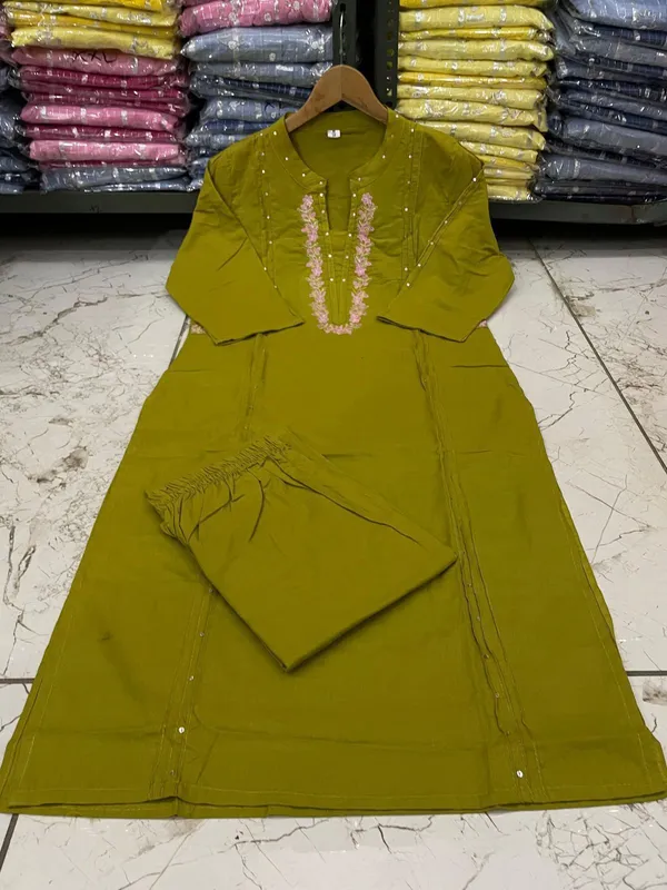 Olive_Green_Cotton_V-Neck_Embroidered_Co-Ord_Set_For_Women