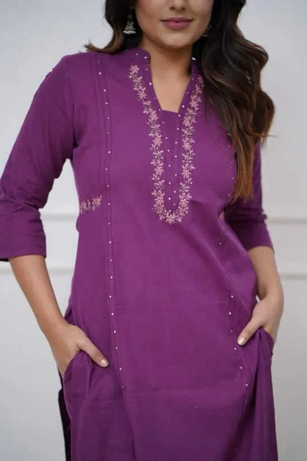 Purple_Cotton_V-Neck_Embroidered_Co-Ord_Set_For_Women
