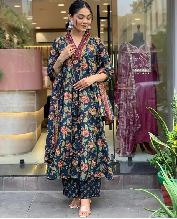 Jaipuri_BLUE__Floral_Block_Printed_Kurta_Palazzo_&_Dupatta_(4_Colors)