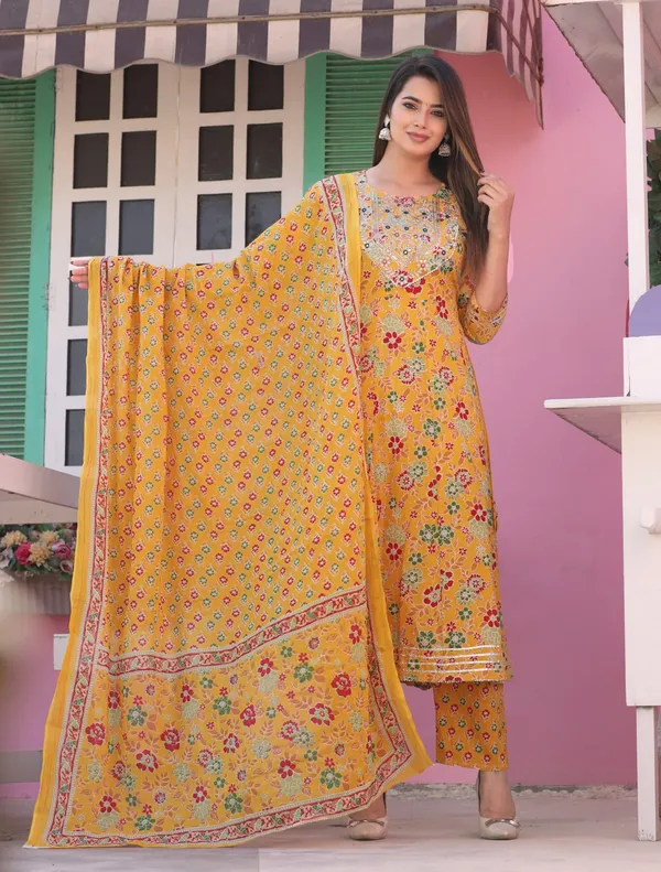 Jaipuri_Floral_yellow__Anarkali_3_piece_set