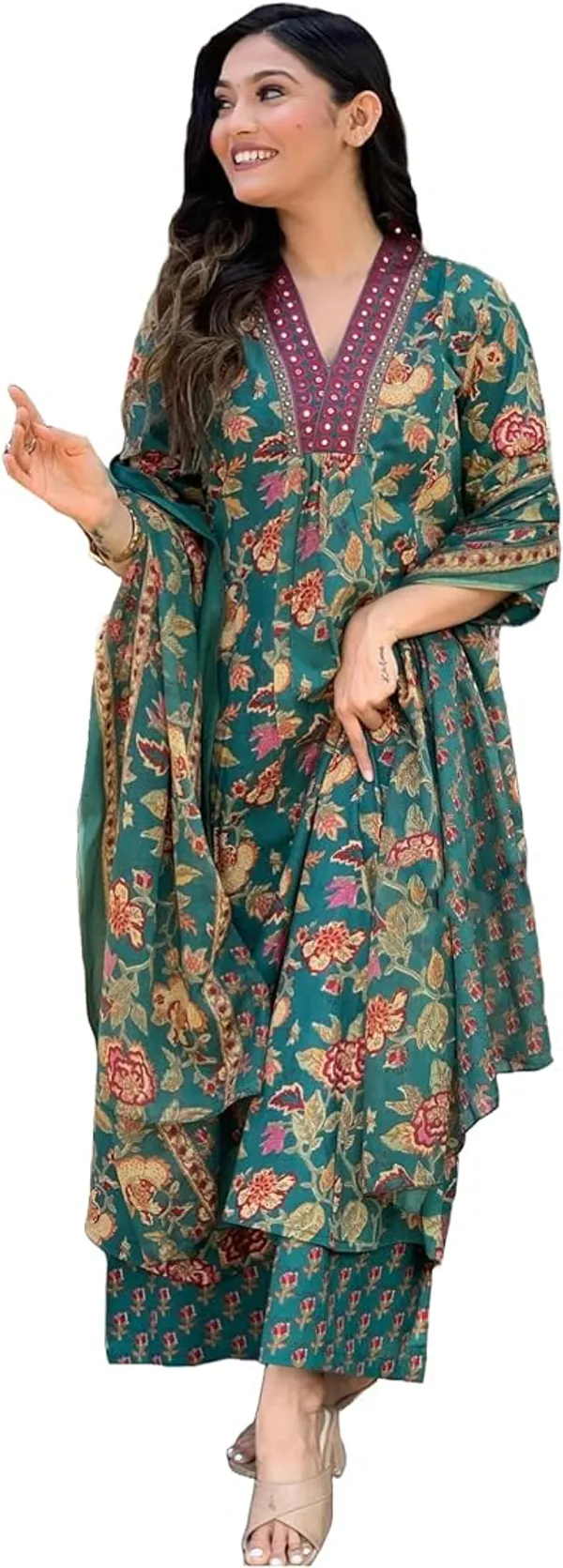 Jaipuri_GREEN___Floral_Block_Printed_Kurta_Palazzo_&_Dupatta_(4_Colors)