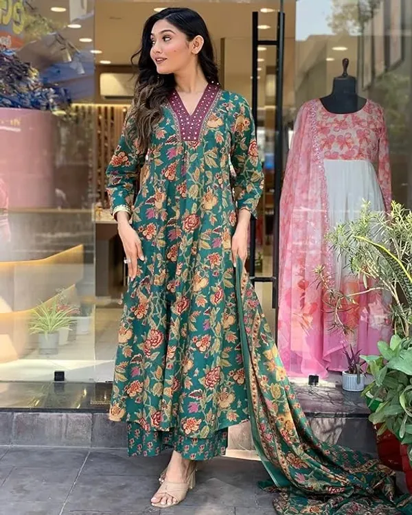 Jaipuri_GREEN___Floral_Block_Printed_Kurta_Palazzo_&_Dupatta_(4_Colors)