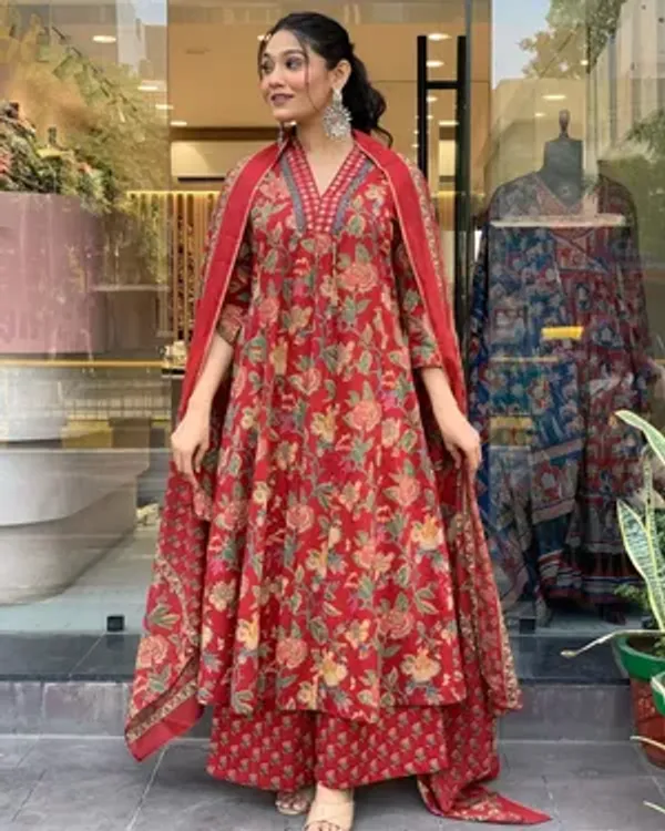 Jaipuri_RED__Floral_Block_Printed_Kurta_Palazzo_&_Dupatta_(4_Colors)