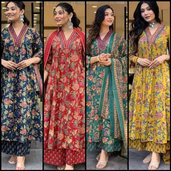 Jaipuri_RED__Floral_Block_Printed_Kurta_Palazzo_&_Dupatta_(4_Colors)