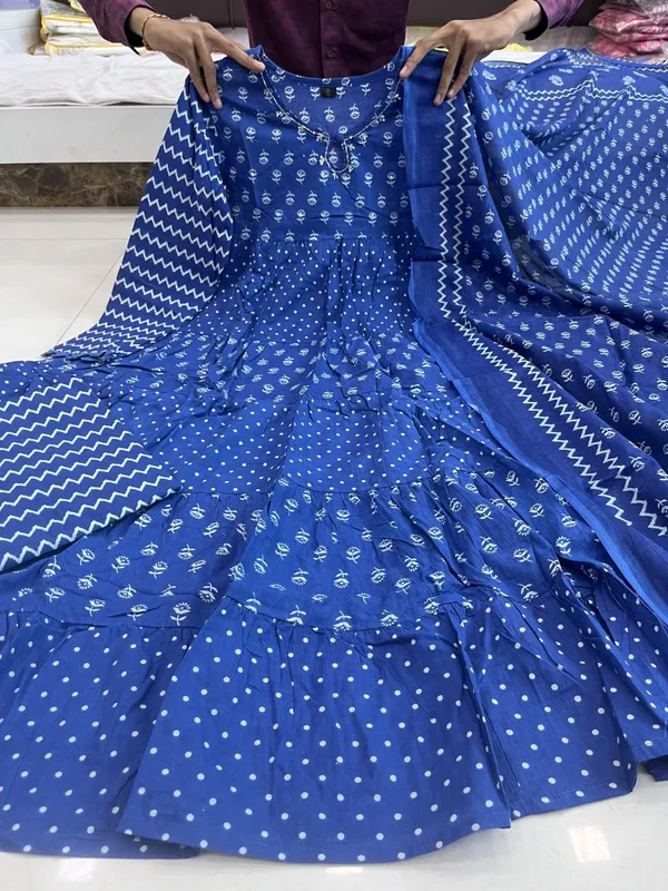 Jaipuri__Blue_Anarkali_heavy_Pure_Cotton_Kurti_set