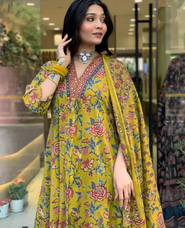 Jaipuri_Yellow__Floral_Block_Printed_Kurta_Palazzo_&_Dupatta_(4_Colors)