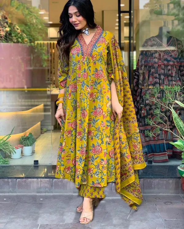 Jaipuri_Yellow__Floral_Block_Printed_Kurta_Palazzo_&_Dupatta_(4_Colors)