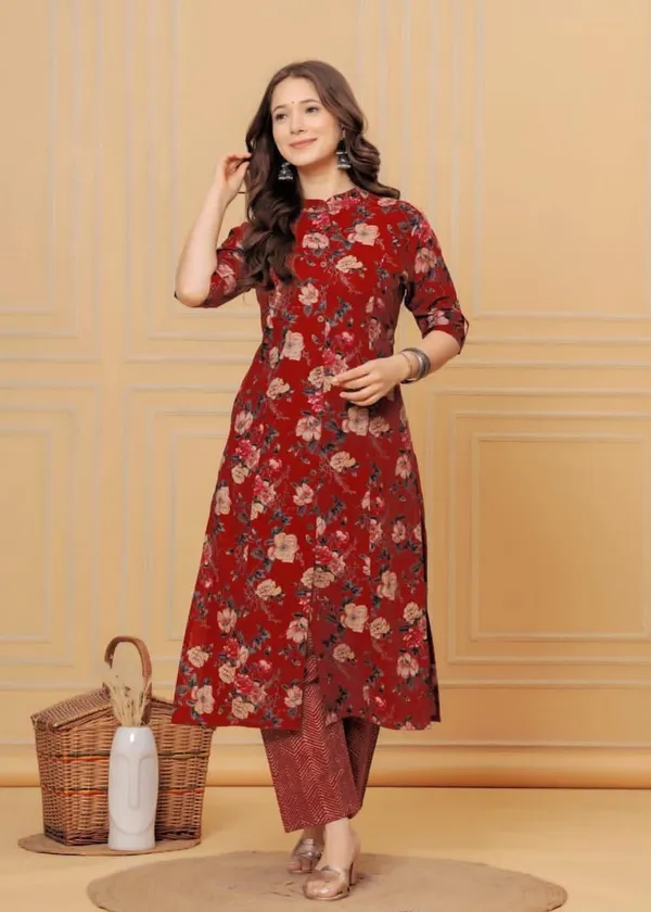 Women's_Maroon_Floral_Print_Cotton_A-Line_Kurta_Set_with_Collar_Neck,_Pocket_in_Kurta