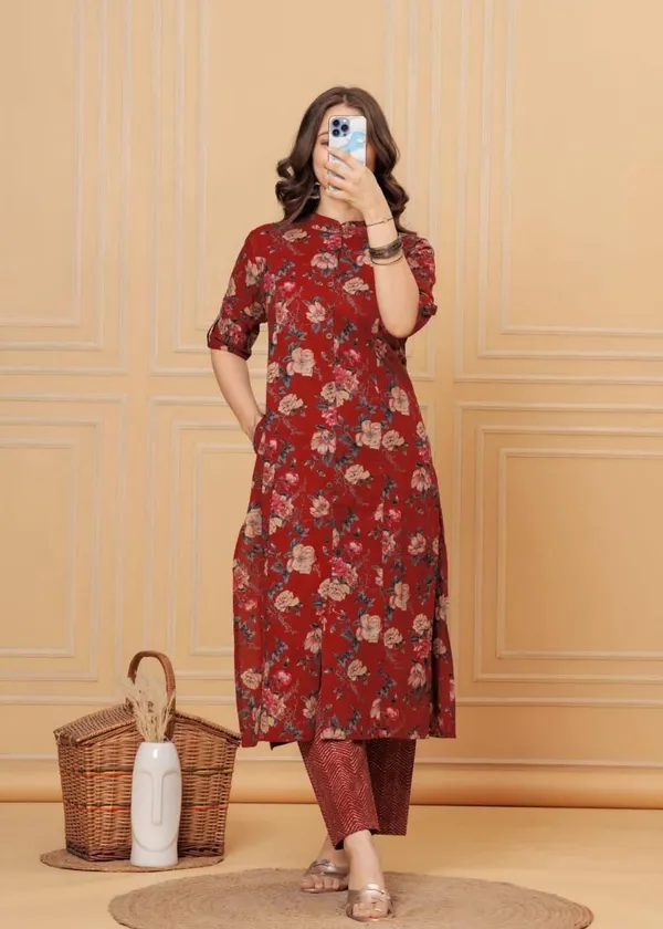 Women's_Maroon_Floral_Print_Cotton_A-Line_Kurta_Set_with_Collar_Neck,_Pocket_in_Kurta