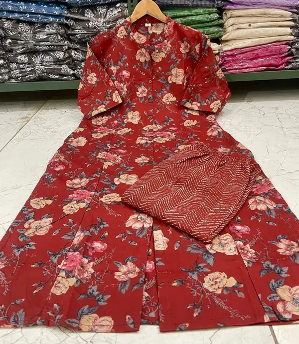 Women's_Maroon_Floral_Print_Cotton_A-Line_Kurta_Set_with_Collar_Neck,_Pocket_in_Kurta
