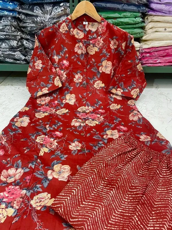 Women's_Maroon_Floral_Print_Cotton_A-Line_Kurta_Set_with_Collar_Neck,_Pocket_in_Kurta