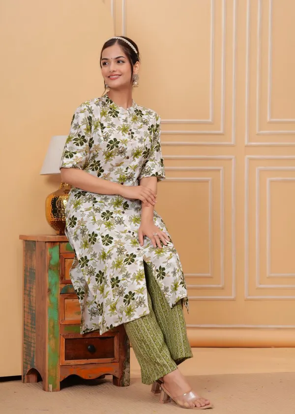 Mehndi_Green_Floral_Printed_Band_Collar_Straight_Kurta_With_Palazzos