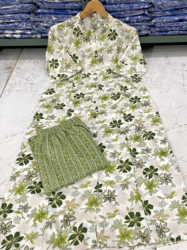 Mehndi_Green_Floral_Printed_Band_Collar_Straight_Kurta_With_Palazzos
