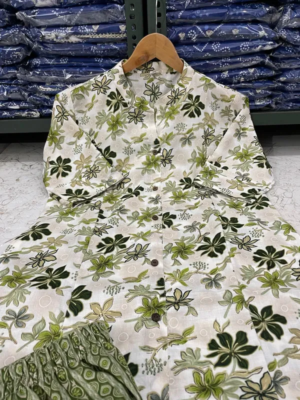 Mehndi_Green_Floral_Printed_Band_Collar_Straight_Kurta_With_Palazzos
