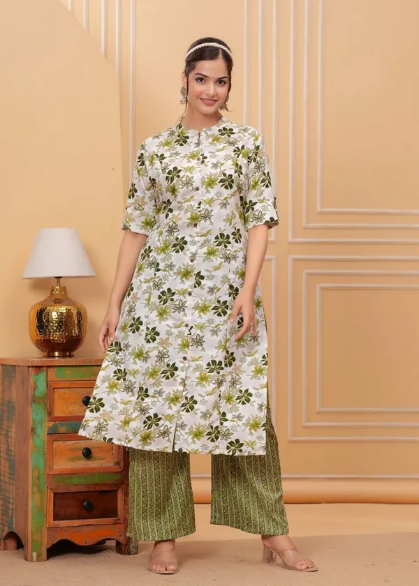Mehndi_Green_Floral_Printed_Band_Collar_Straight_Kurta_With_Palazzos