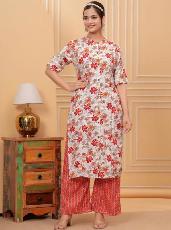 Orange_Floral_Printed_Band_Collar_Straight_Kurta_With_Palazzos