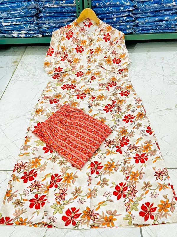 Orange_Floral_Printed_Band_Collar_Straight_Kurta_With_Palazzos
