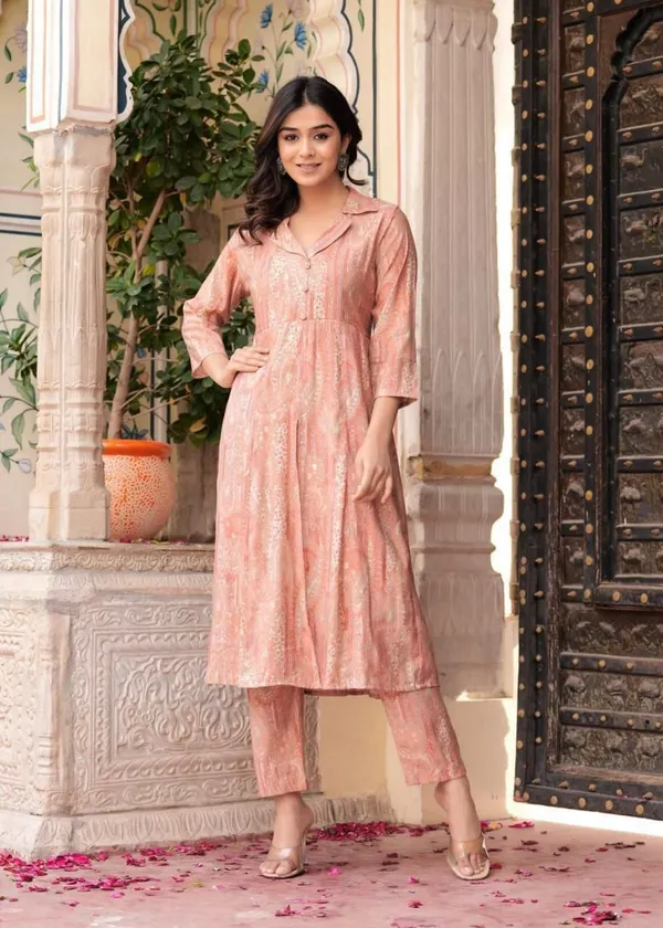 Maslin_Foil_Print_Two-Piece_Long_Peach_Cord_Set