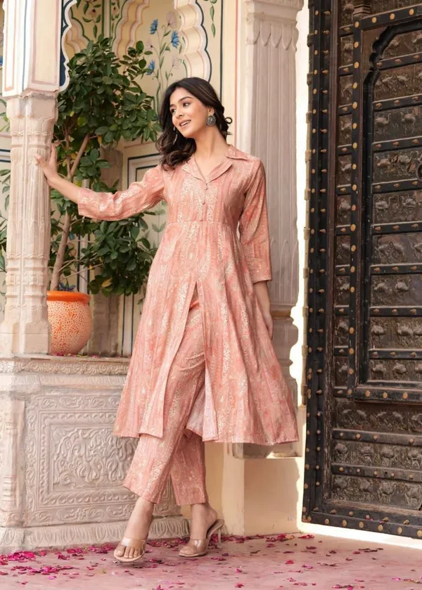 Maslin_Foil_Print_Two-Piece_Long_Peach_Cord_Set