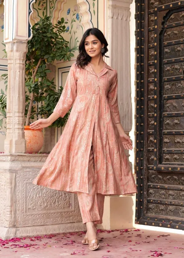 Maslin_Foil_Print_Two-Piece_Long_Peach_Cord_Set