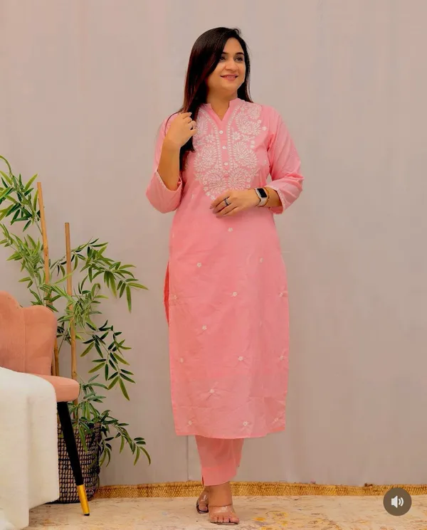 Peach_Embroidered_Straight_Kurti_Pant_Set_Cotton_Salwar_Kameez_for_Women
