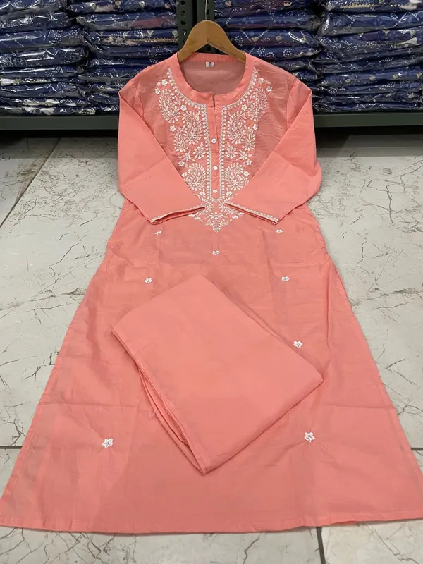 Peach_Embroidered_Straight_Kurti_Pant_Set_Cotton_Salwar_Kameez_for_Women