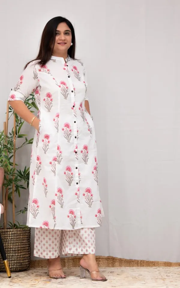 Jaipuri_Mughal_Print_White_Color_Pink_Floral_Aline_Kurti_With_Ankle_Length_Pant_,_Co-Ord_Set