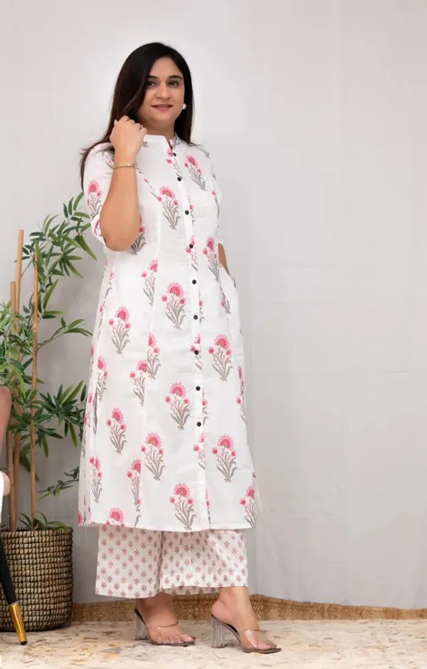 Jaipuri_Mughal_Print_White_Color_Pink_Floral_Aline_Kurti_With_Ankle_Length_Pant_,_Co-Ord_Set