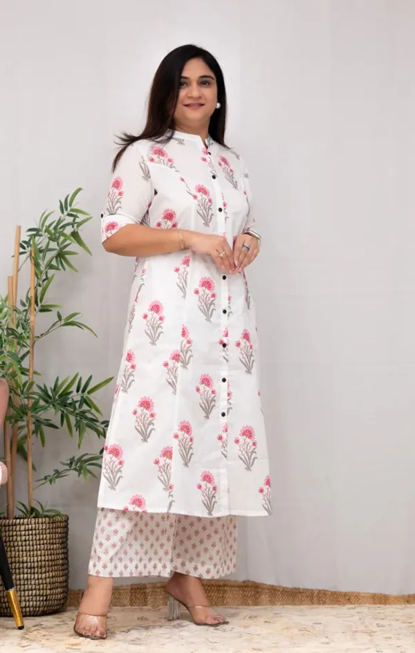 Jaipuri_Mughal_Print_White_Color_Pink_Floral_Aline_Kurti_With_Ankle_Length_Pant_,_Co-Ord_Set