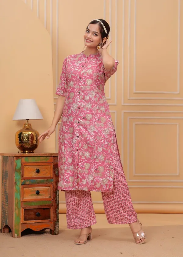 Cotton_Floral_Mandarin_Neck_Straight_Pink_Kurta_With_Trousers
