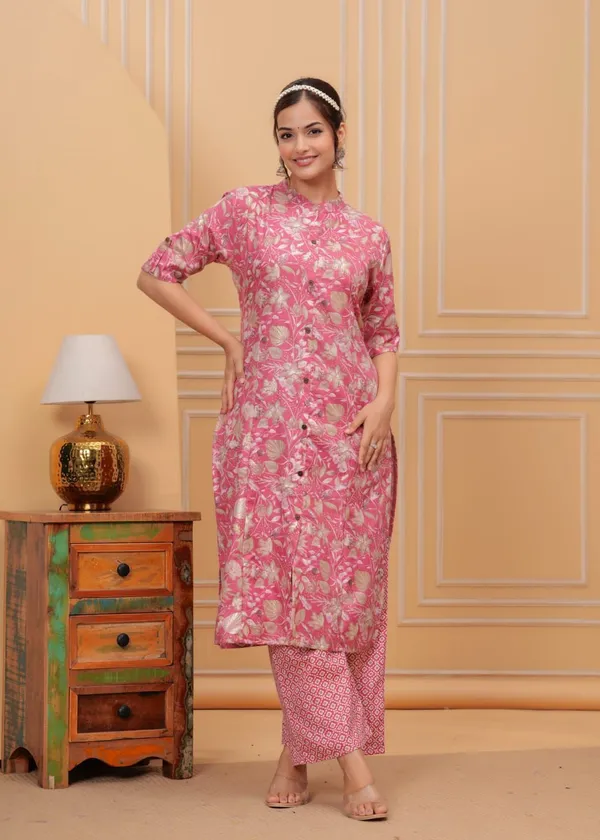 Cotton_Floral_Mandarin_Neck_Straight_Pink_Kurta_With_Trousers