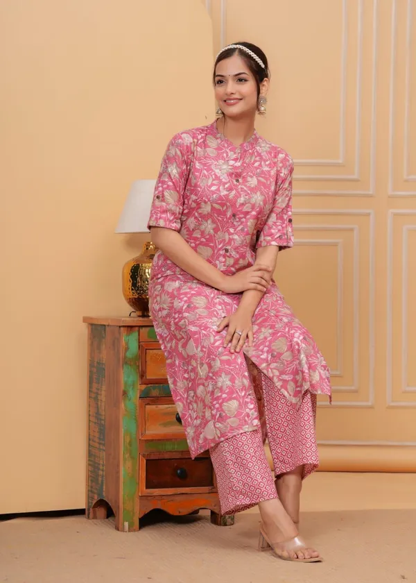 Cotton_Floral_Mandarin_Neck_Straight_Pink_Kurta_With_Trousers