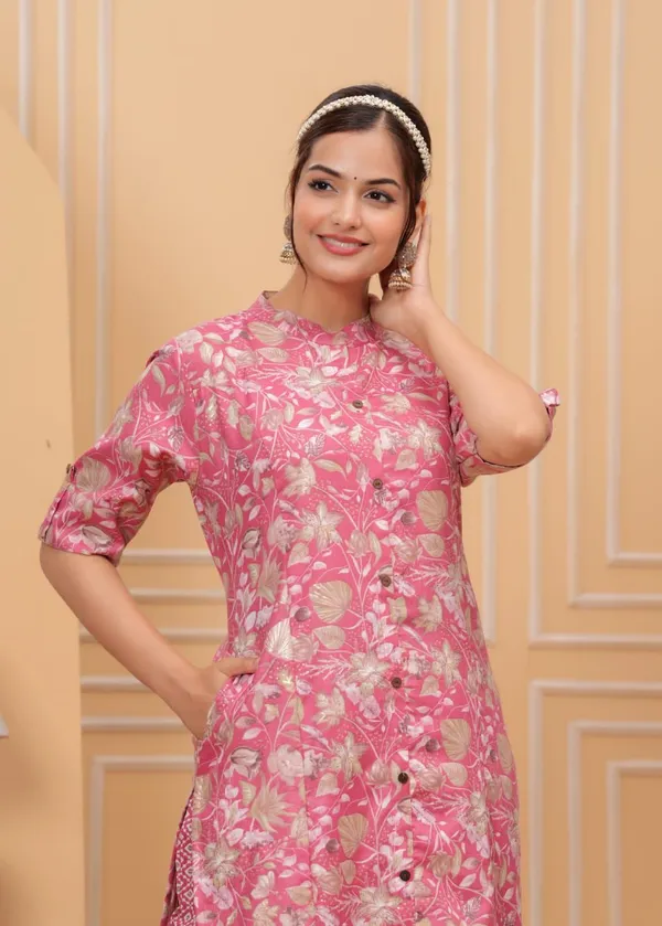 Cotton_Floral_Mandarin_Neck_Straight_Pink_Kurta_With_Trousers