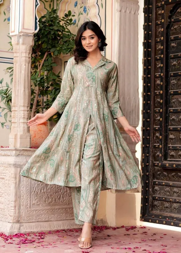 Maslin_Foil_Print_Two-Piece_Long_Pista_Green_Cord_Set