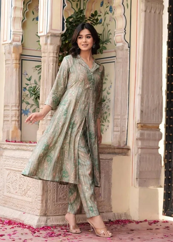 Maslin_Foil_Print_Two-Piece_Long_Pista_Green_Cord_Set