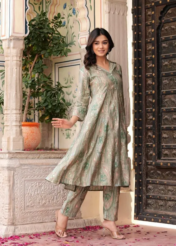 Maslin_Foil_Print_Two-Piece_Long_Pista_Green_Cord_Set