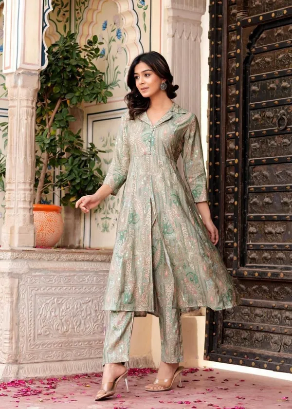 Maslin_Foil_Print_Two-Piece_Long_Pista_Green_Cord_Set
