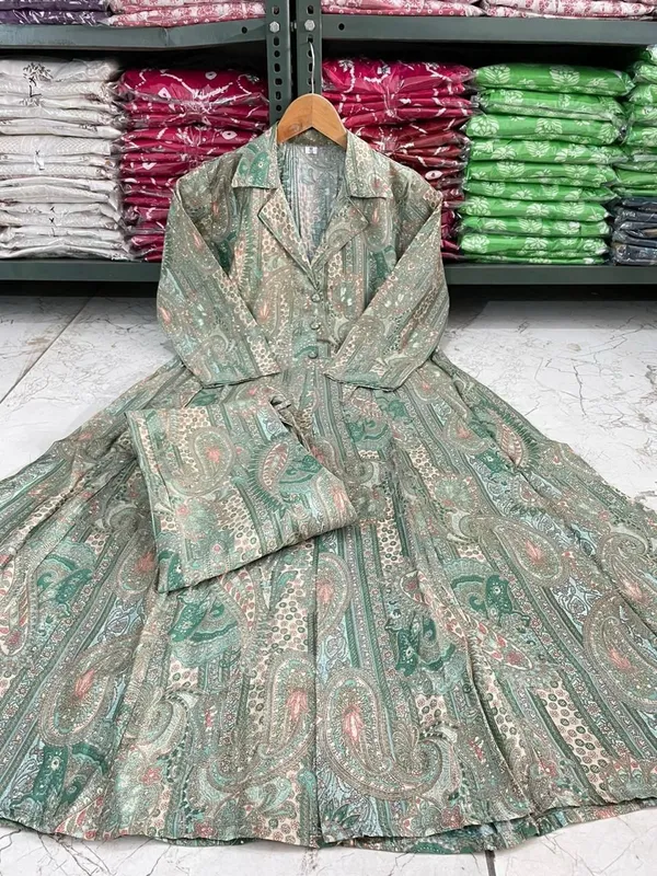 Maslin_Foil_Print_Two-Piece_Long_Pista_Green_Cord_Set