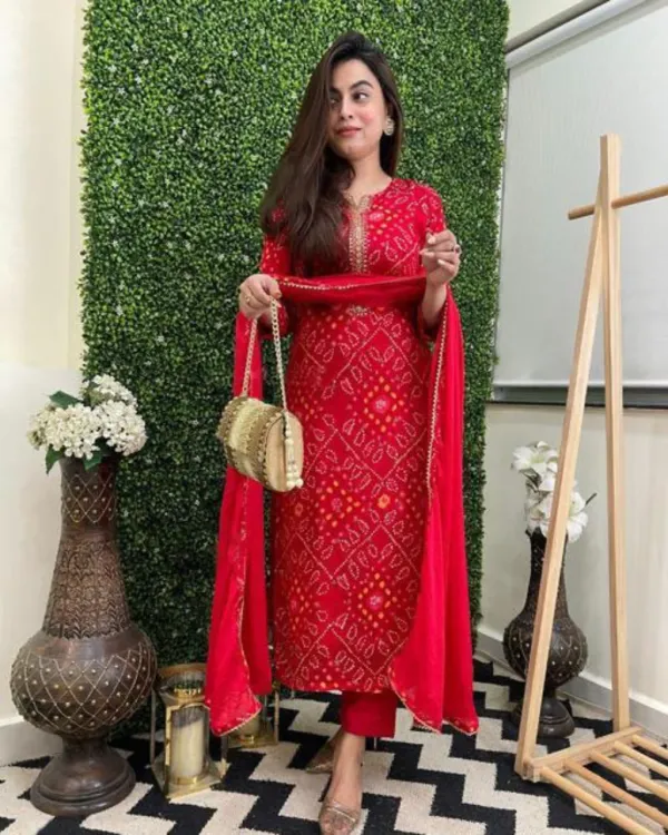 Red_Bandhej_Kurta_Set_With_Pants_And_Dupatta