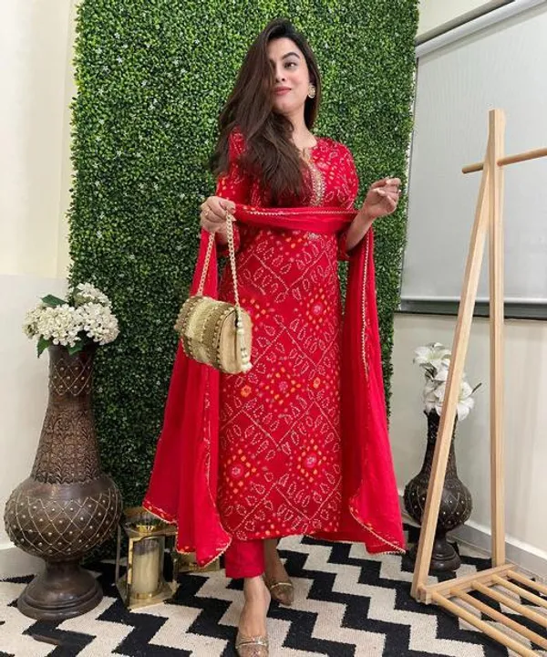 Red_Bandhej_Kurta_Set_With_Pants_And_Dupatta