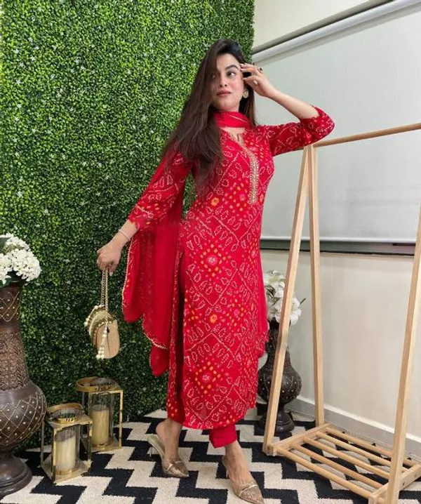 Red_Bandhej_Kurta_Set_With_Pants_And_Dupatta