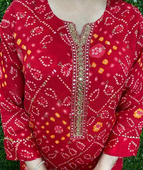 Red_Bandhej_Kurta_Set_With_Pants_And_Dupatta