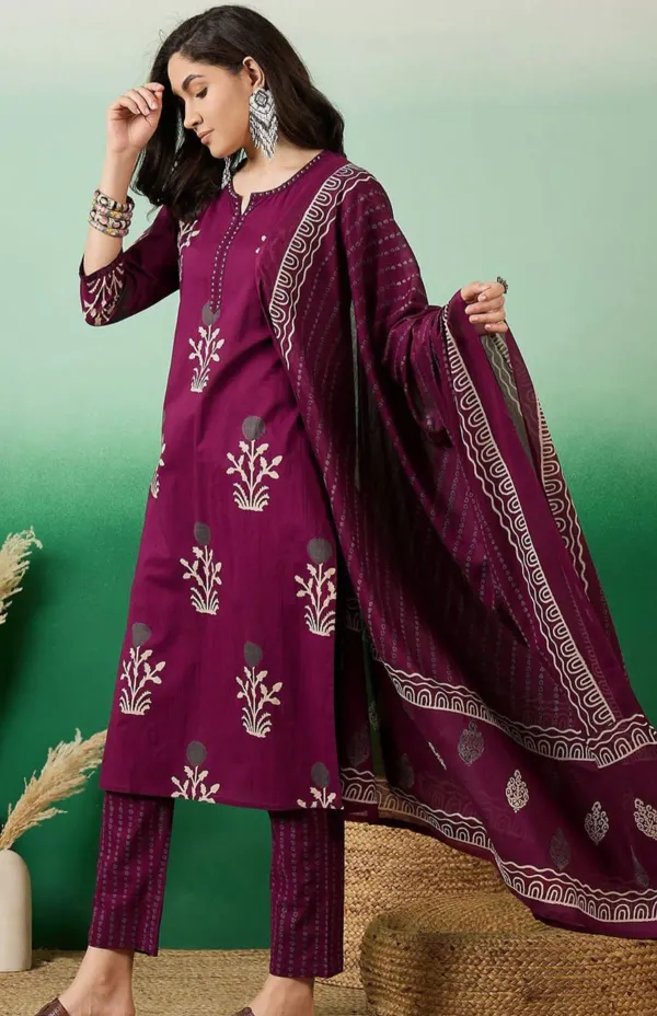 Wine_Discharge_print_with_Round_neck_embroidered_cotton_kurta_sets