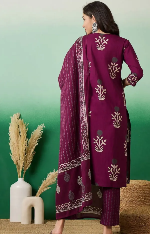 Wine_Discharge_print_with_Round_neck_embroidered_cotton_kurta_sets