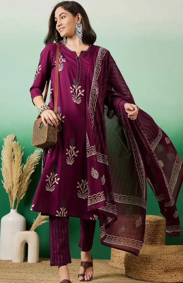 Wine_Discharge_print_with_Round_neck_embroidered_cotton_kurta_sets