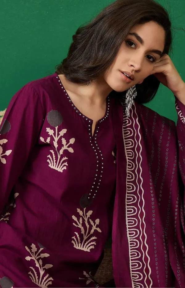 Wine_Discharge_print_with_Round_neck_embroidered_cotton_kurta_sets