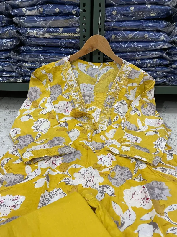 Designer_Women_Cotton_Blend_Yellow_Kurta_Pant_Sets_with_beautiful_neck_Katha_&_Embroidery_work