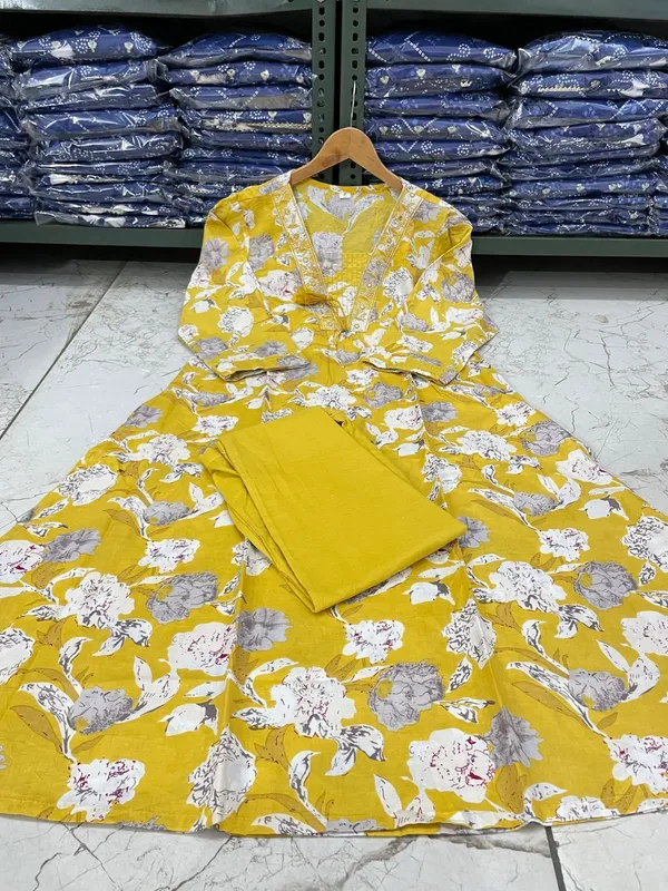 Designer_Women_Cotton_Blend_Yellow_Kurta_Pant_Sets_with_beautiful_neck_Katha_&_Embroidery_work